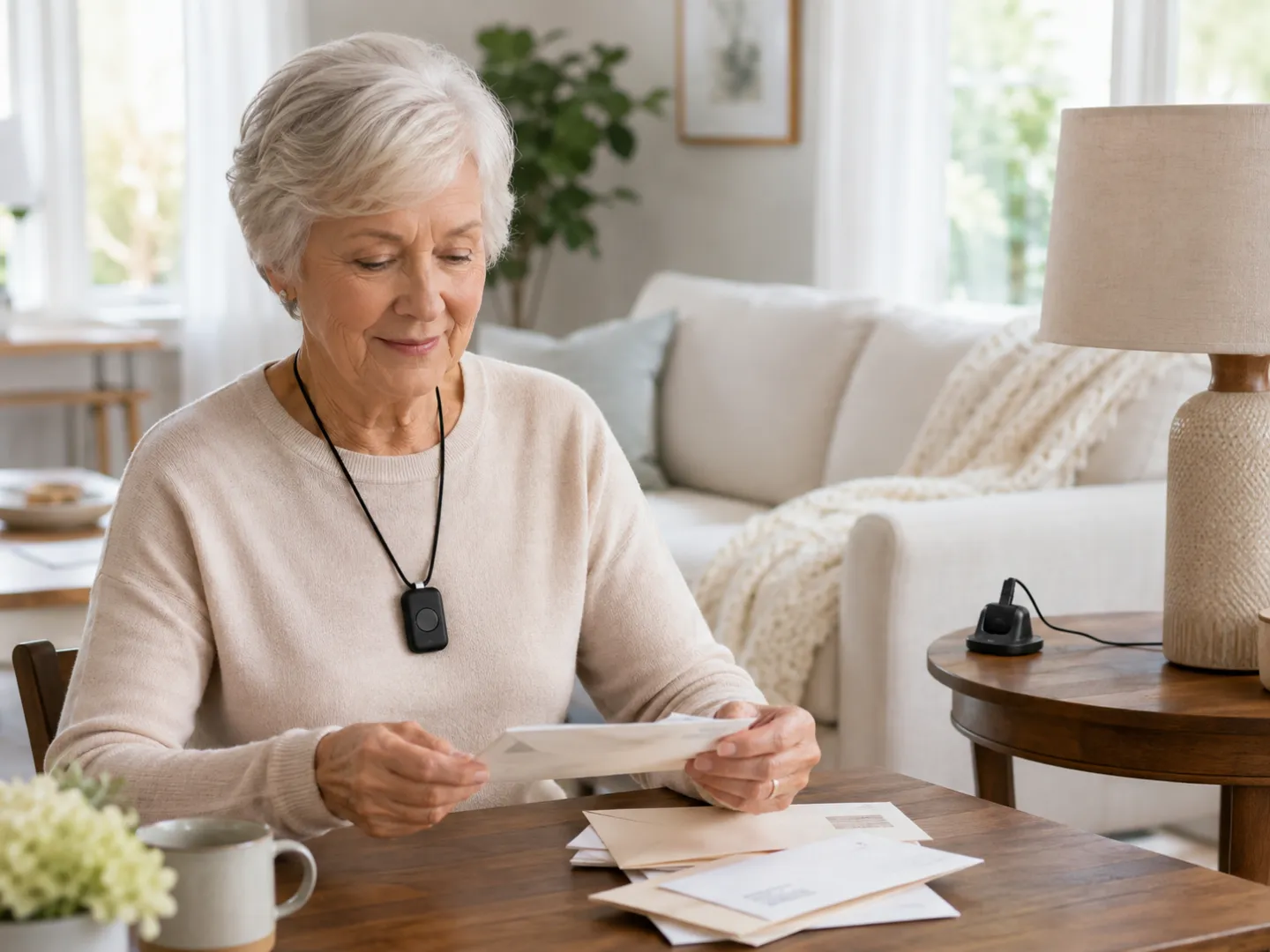 Senior wearing the Liferun Belle S medical alert device at home beside its charging dock
