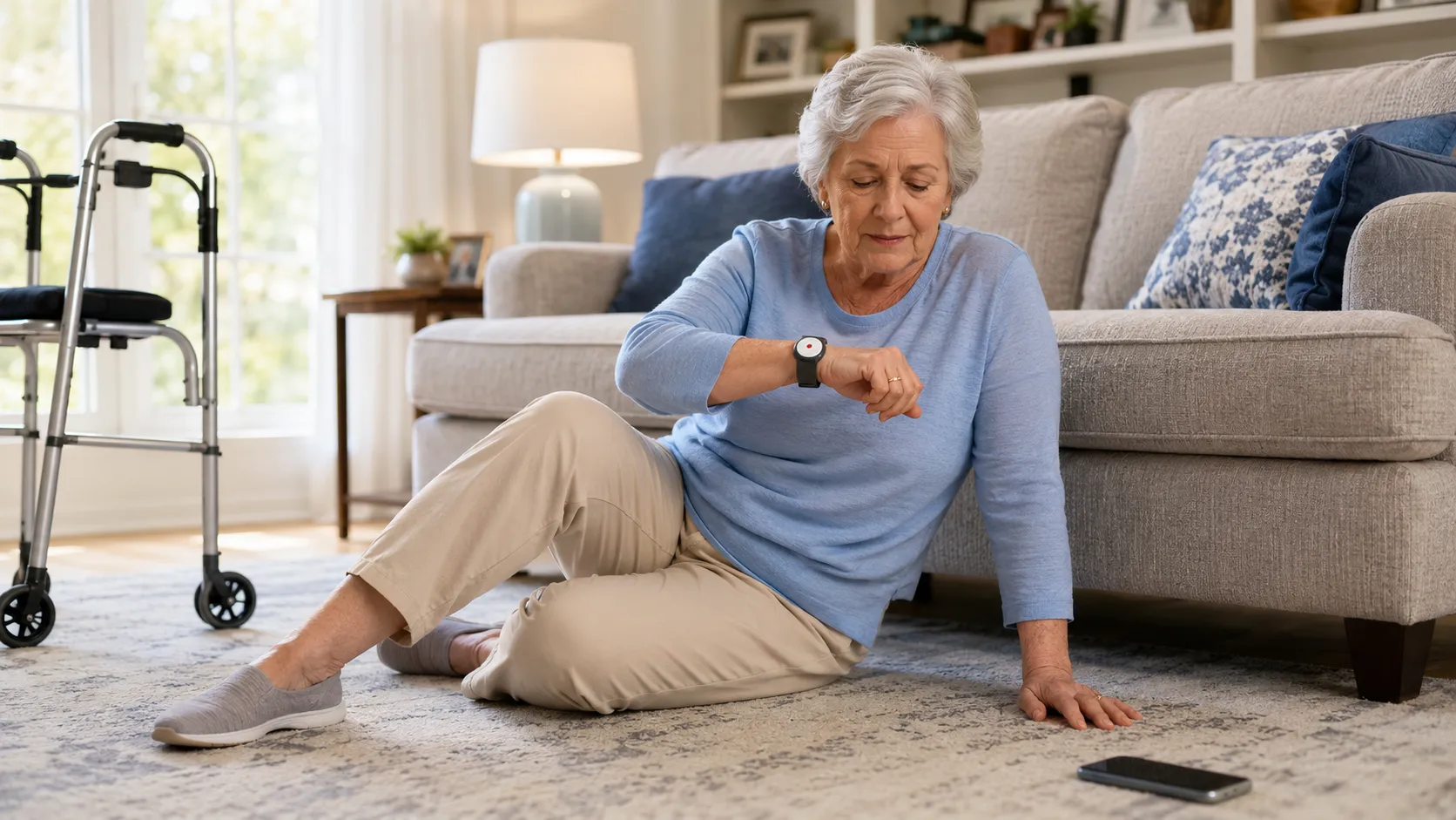 Senior with mobility issues checking her medical alert watch after a fall at home