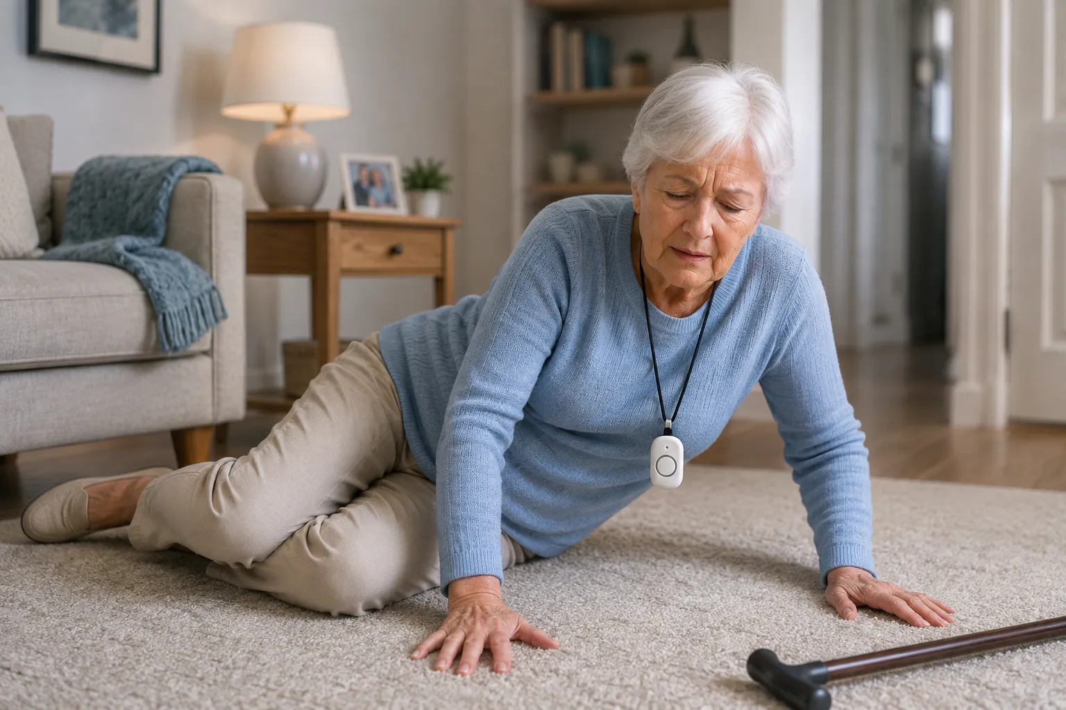 Senior wearing a medical alert device after falling at home